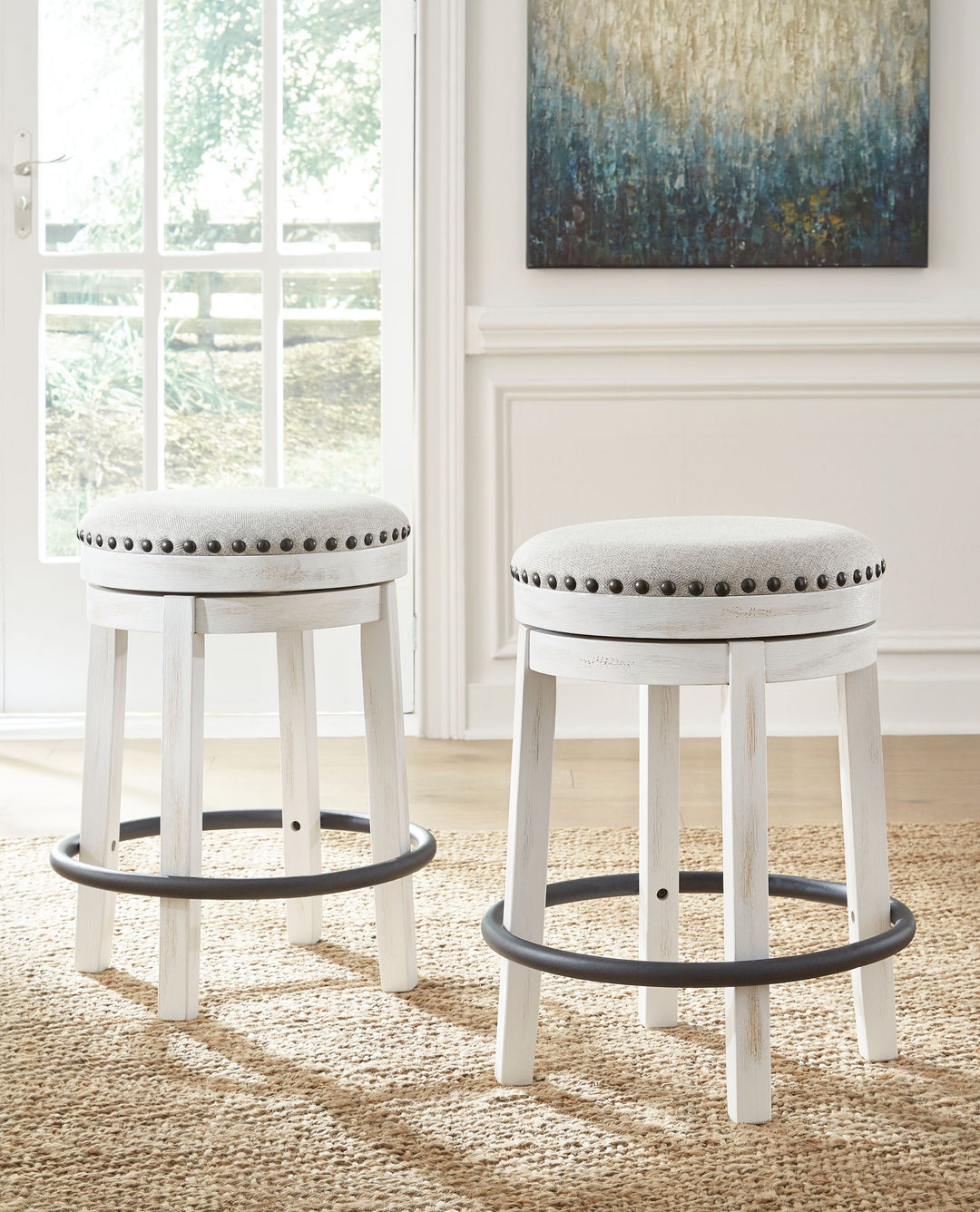 Valebeck - 5 Pc. - Counter Table With Wine Rack, 4 Swivel Stools - White / Brown
