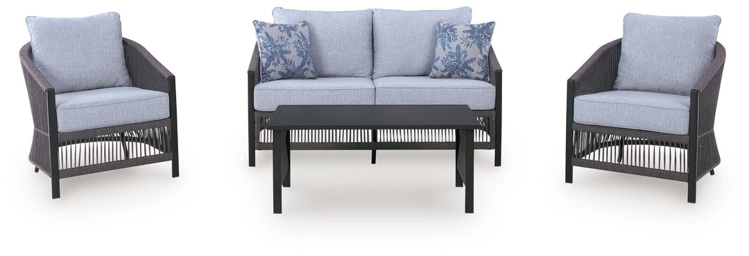 Bridges Beach - Loveseat, Lounge Chairs, Table Set (Set of 4) - Gray