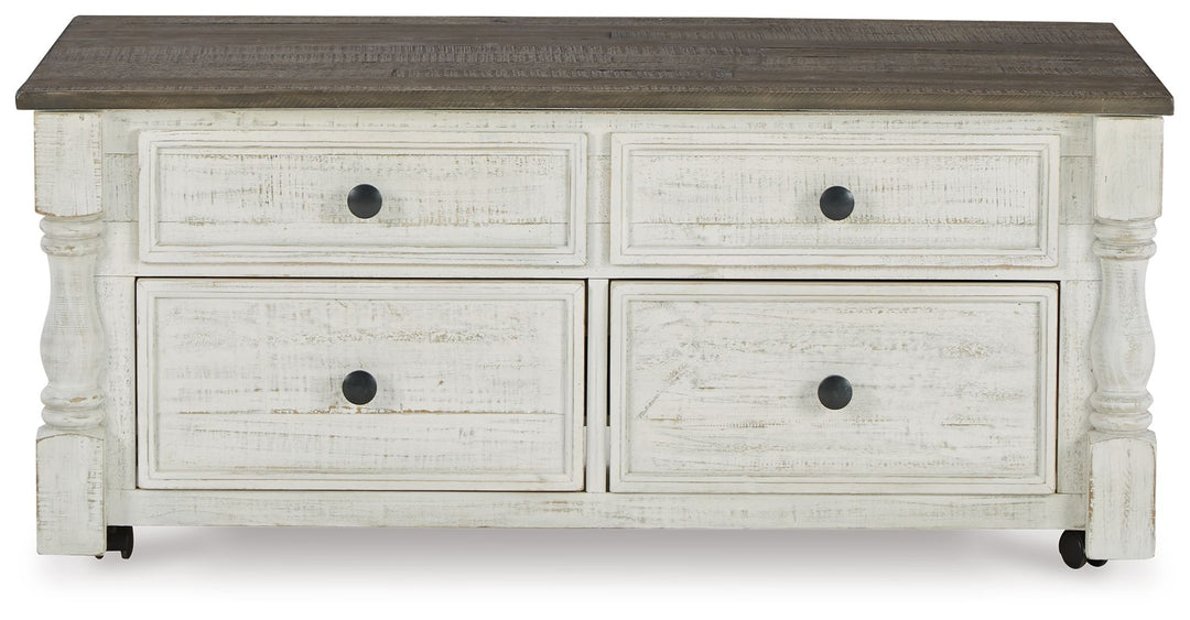 Havalance - Lift Top Cocktail Table with Storage Drawers - White / Gray