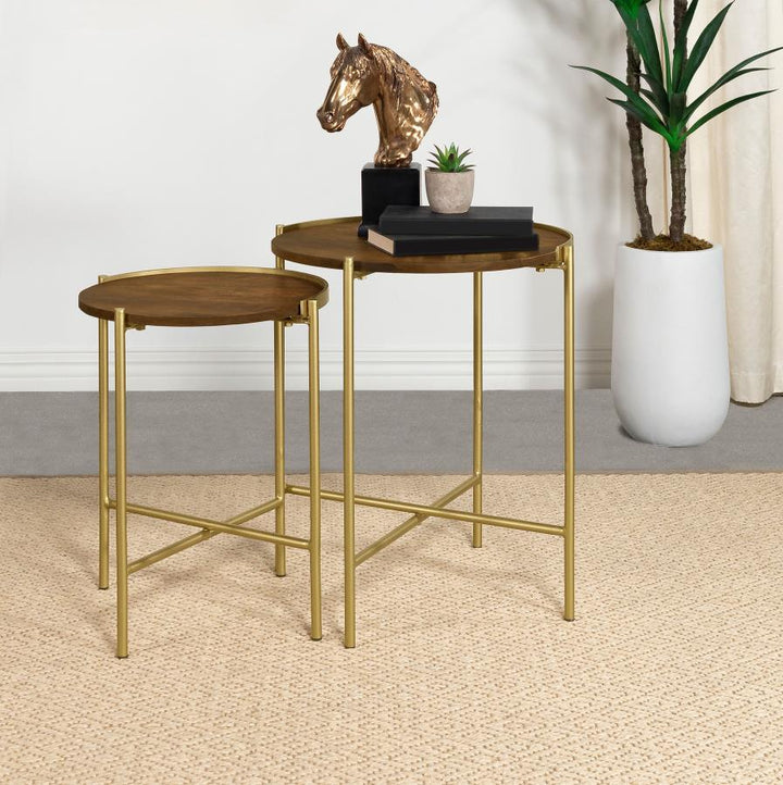 Malka - 2 Piece Round Wood Nesting Table - Dark Brown And Gold